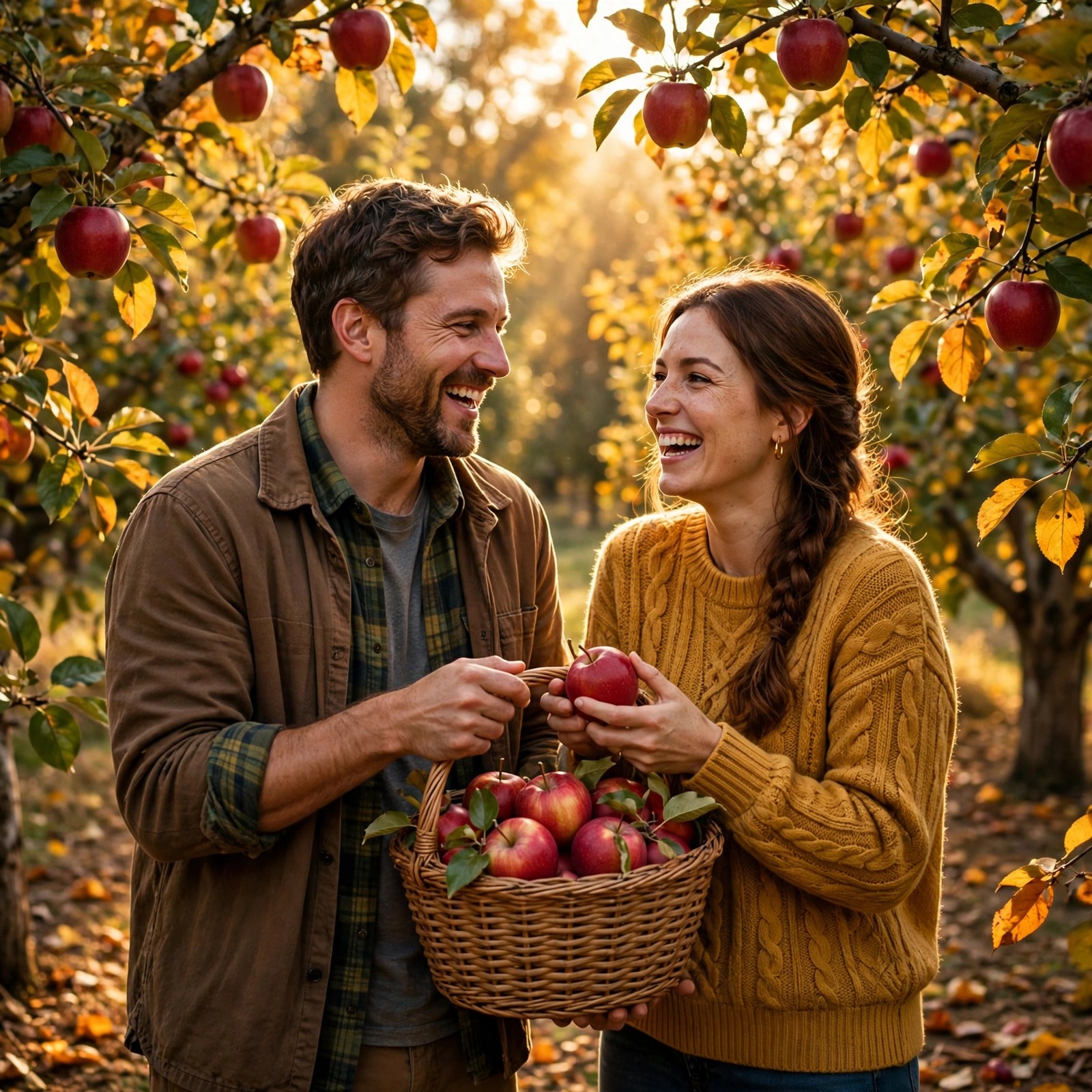 Couple Picking Apples in a Golden Orchard
