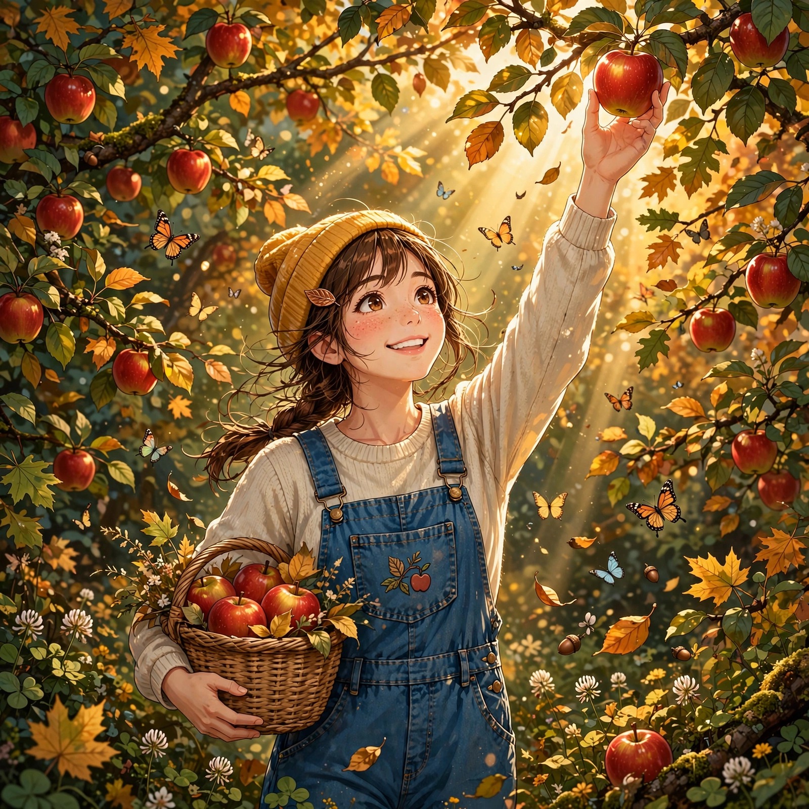 Anime girl picking apples in a sunlit autumn orchard with butterflies, anime profile picture