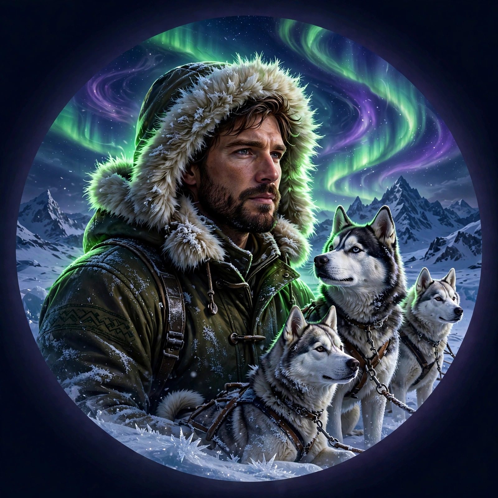 Arctic explorer with husky sled dogs under glowing aurora borealis, square boys profile picture