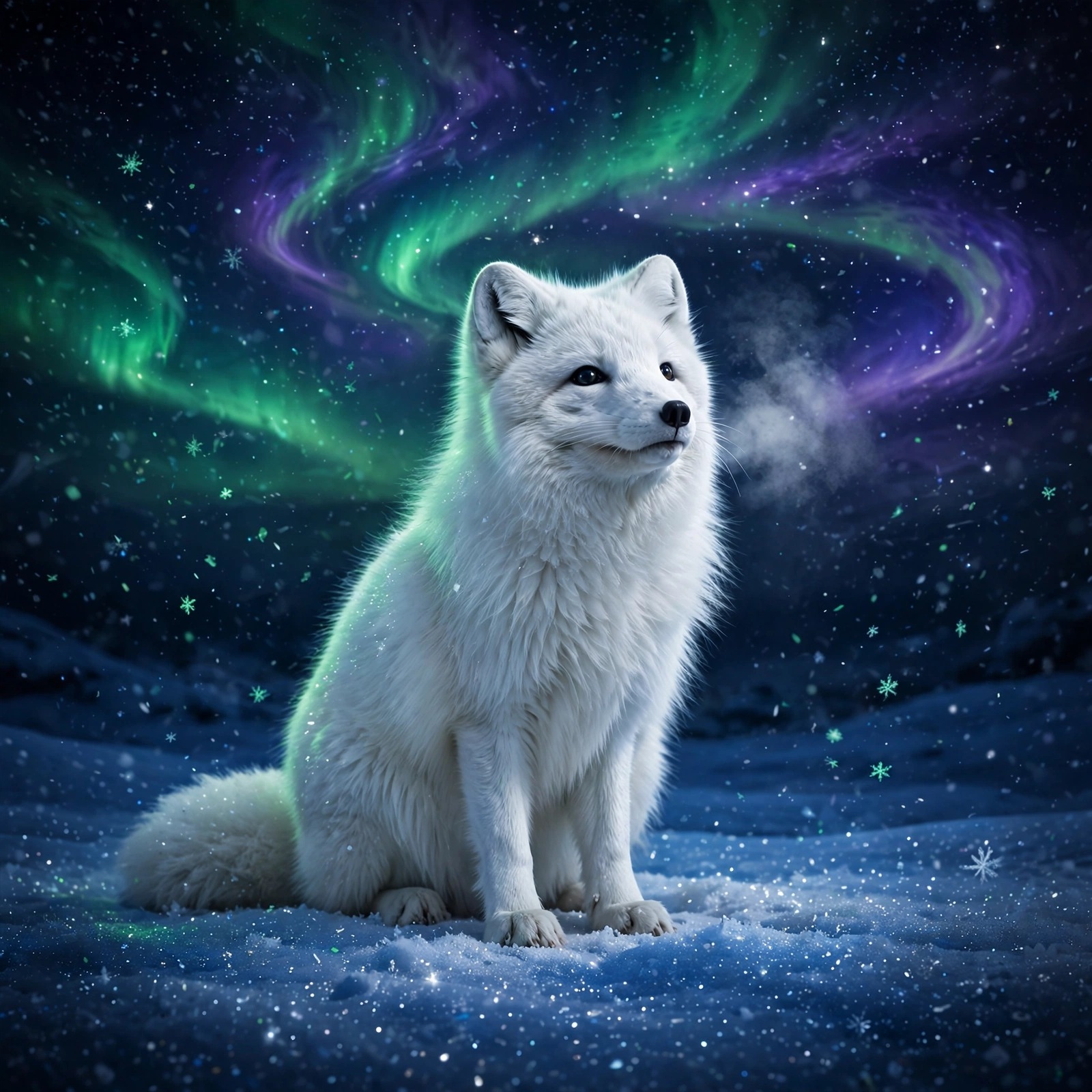 White arctic fox in snow under green and violet aurora borealis, aesthetic DP