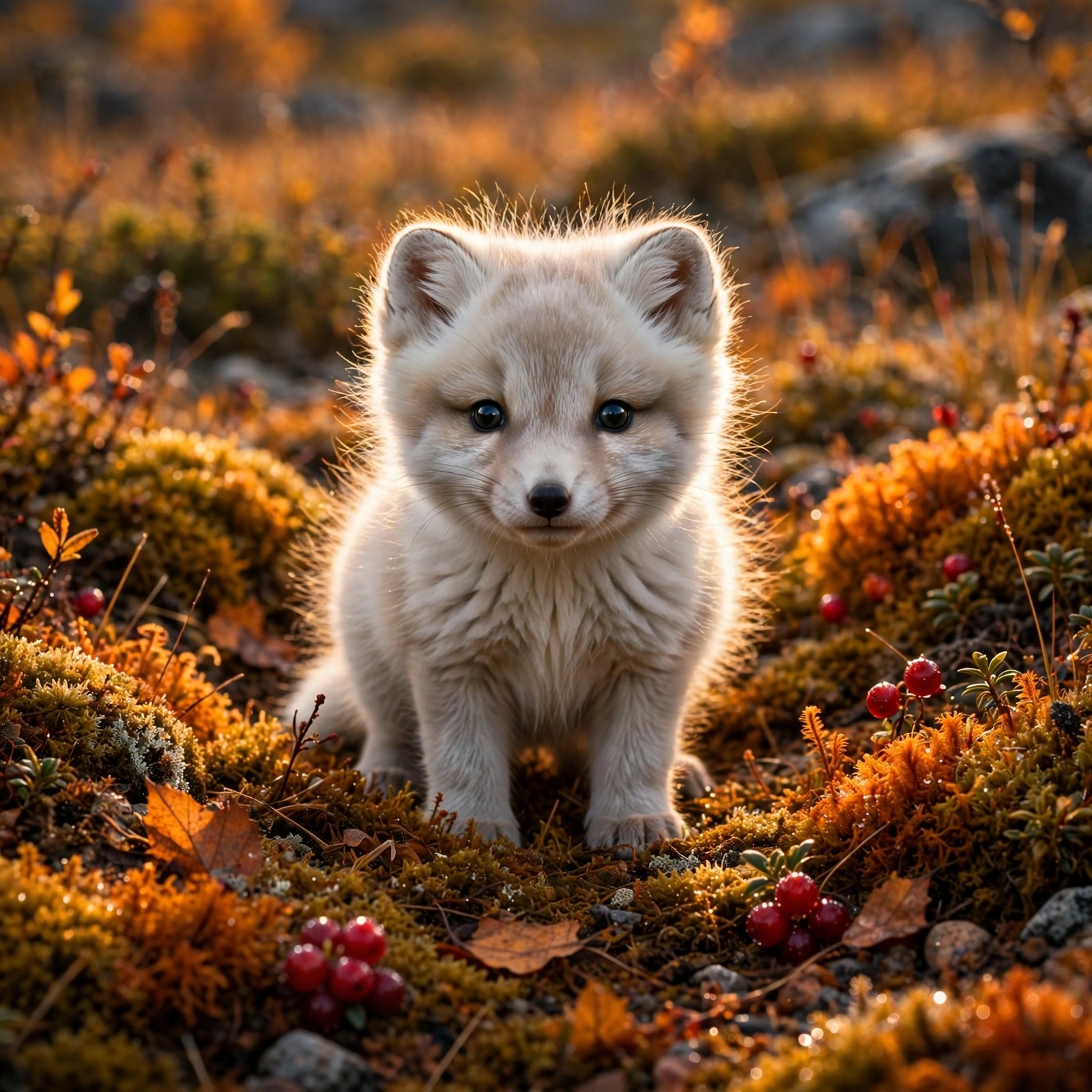 Baby arctic fox kit in autumn tundra with glowing moss and berries, cute WhatsApp DP