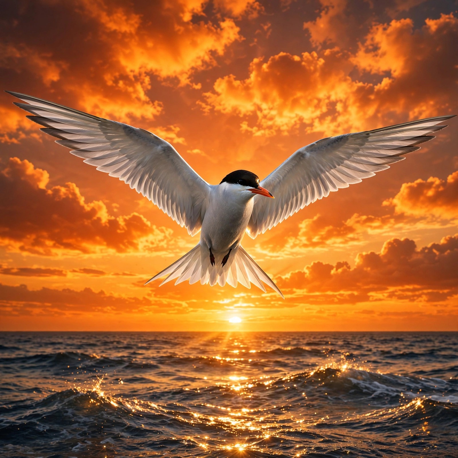 Arctic tern in flight with spread wings against a blazing sunset over the ocean