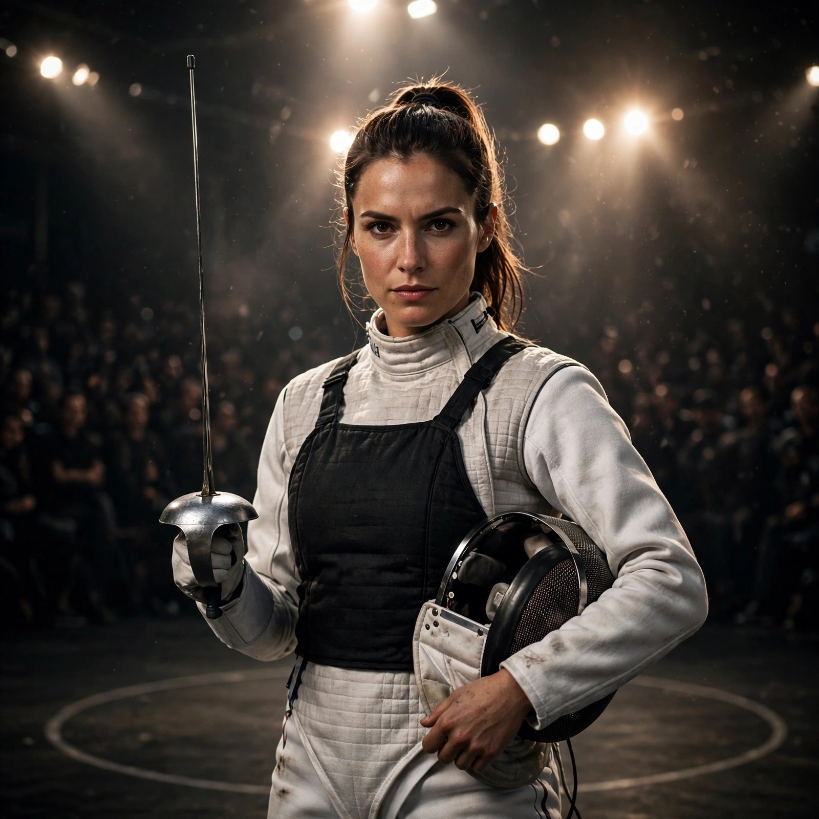 Woman fencer holding mask and foil in a lit arena, attitude DP