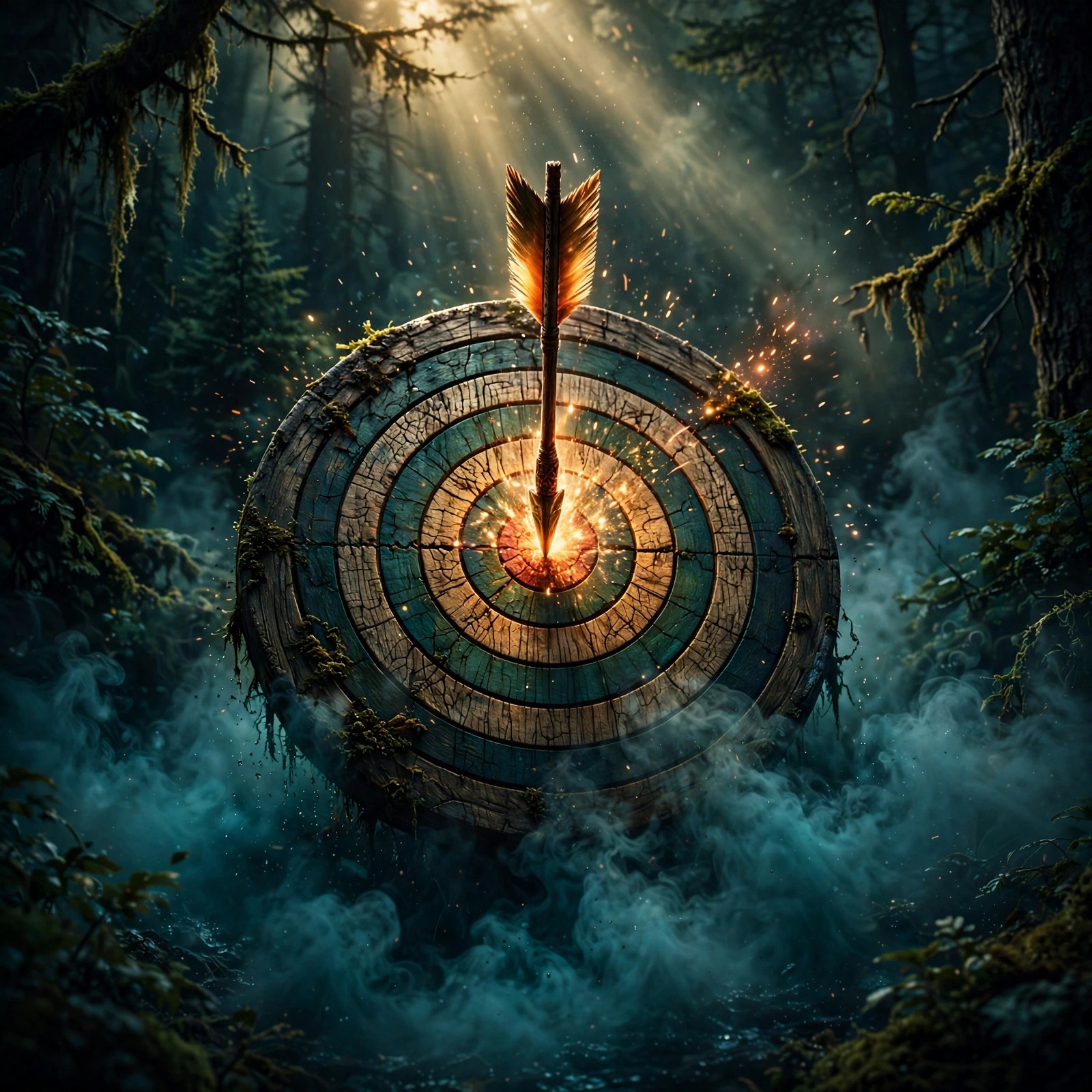 Glowing arrow striking the center of a bullseye target in forest mist, motivational DP