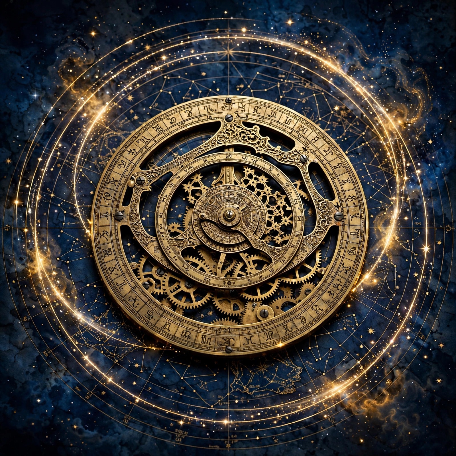 Ornate brass astrolabe on a deep indigo star chart with glowing golden rings, Islamic DP