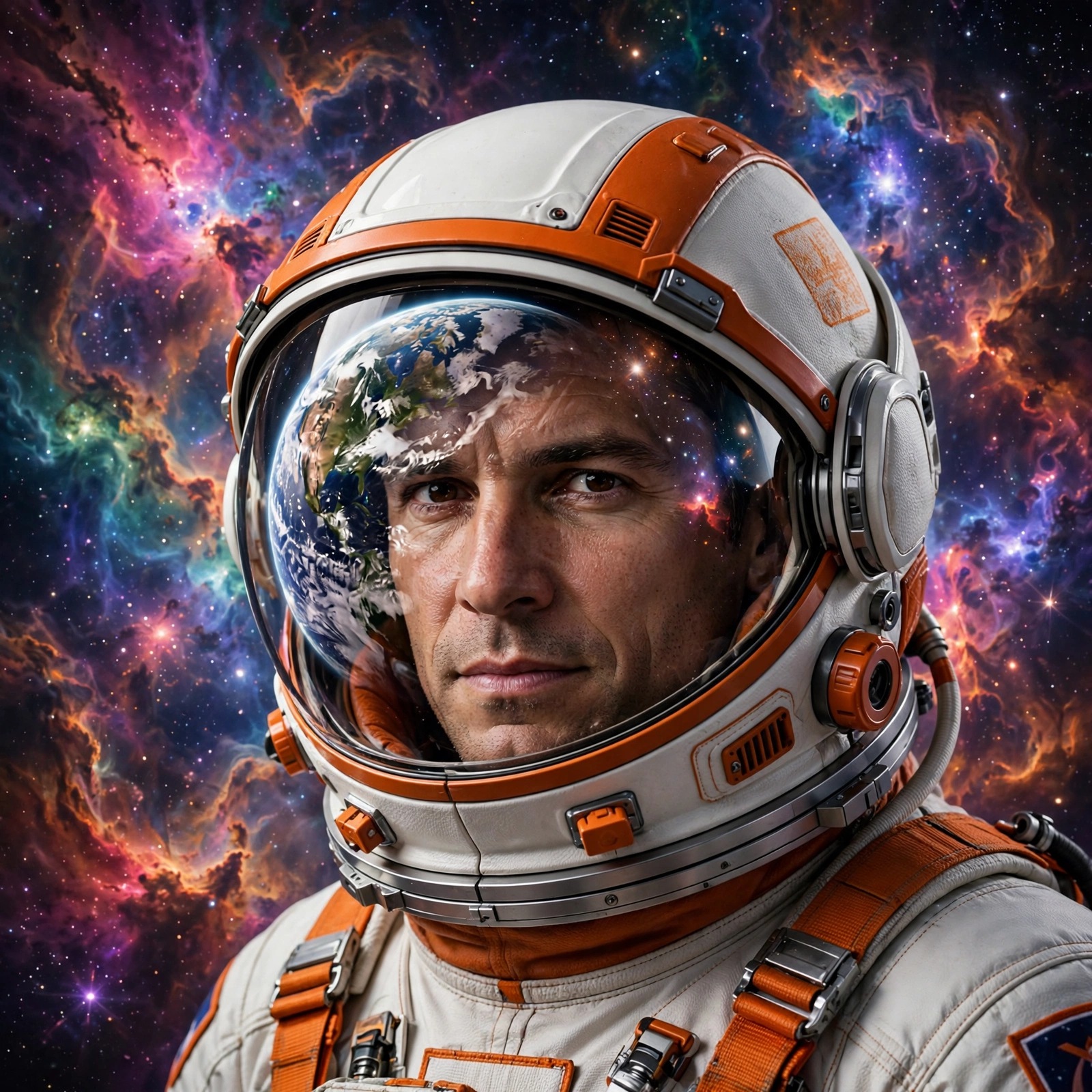 astronaut commander helmet reflecting earth against nebula attitude dp