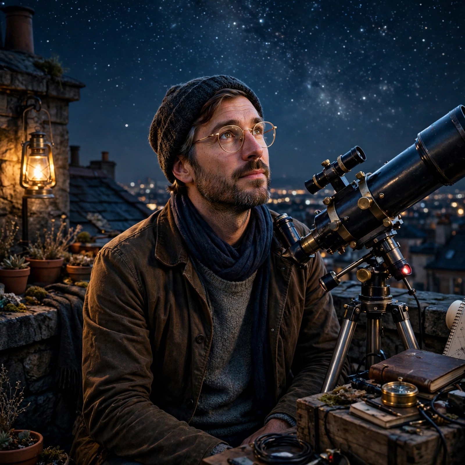 Astronomer with a Rooftop Telescope