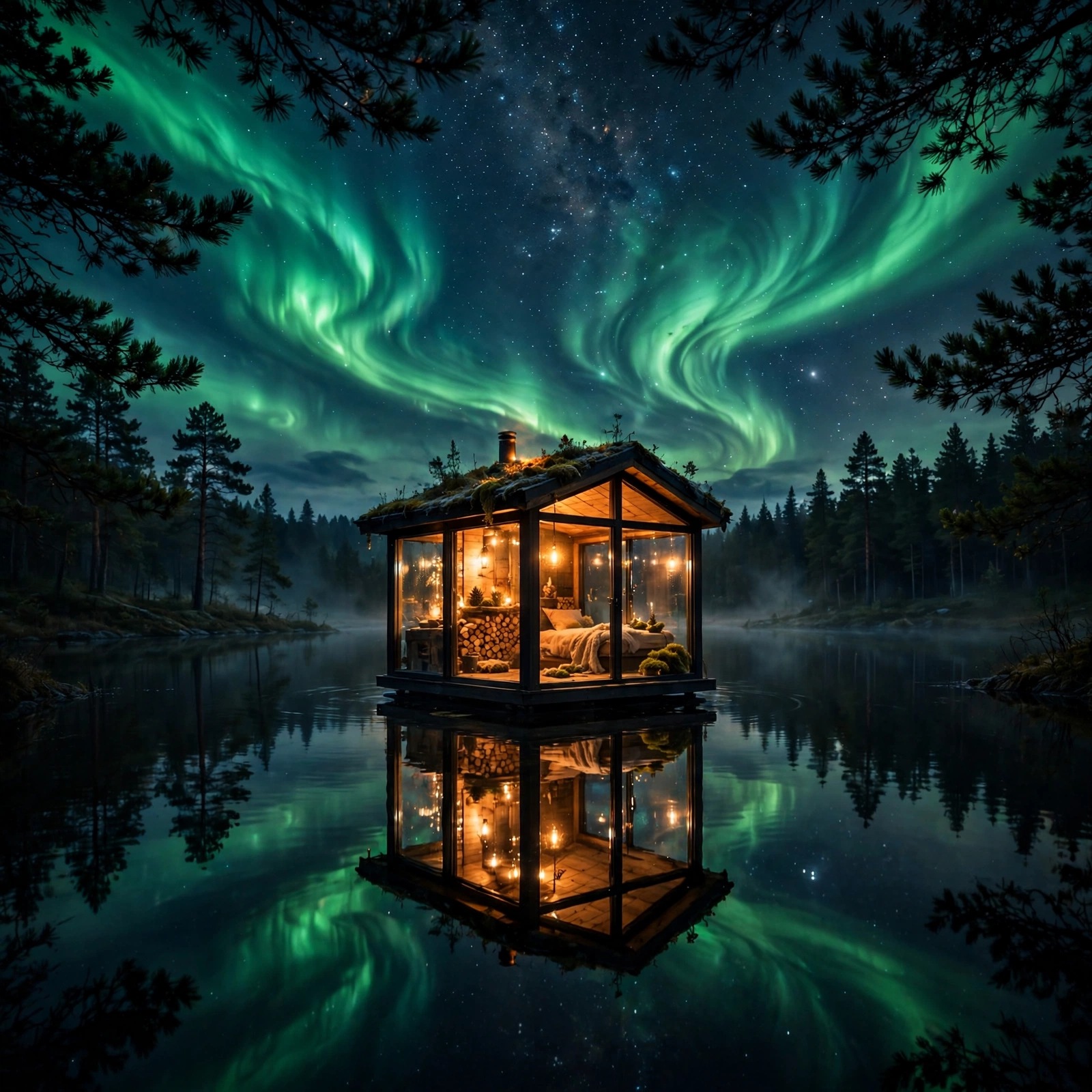 Aurora Glass Cabin Lake - square aesthetic WhatsApp DP