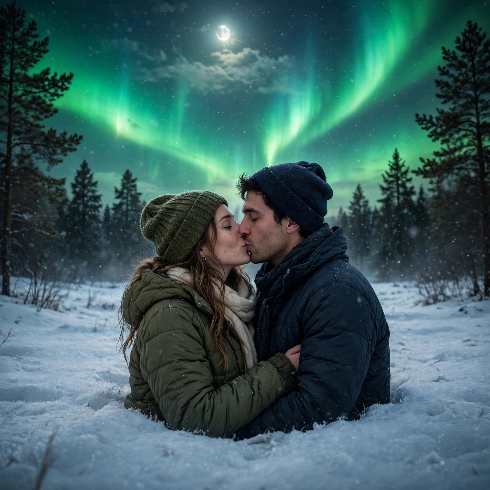 couple kissing in snowfield under green aurora love dp
