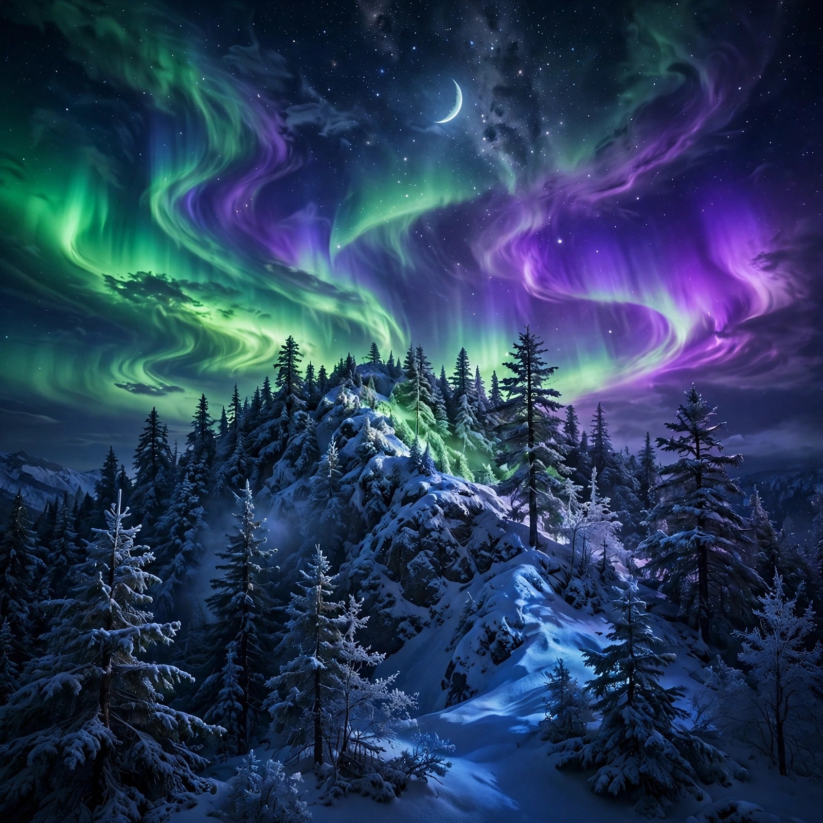 Aurora borealis over a snowy fir forest ridge with crescent moon, nature profile picture