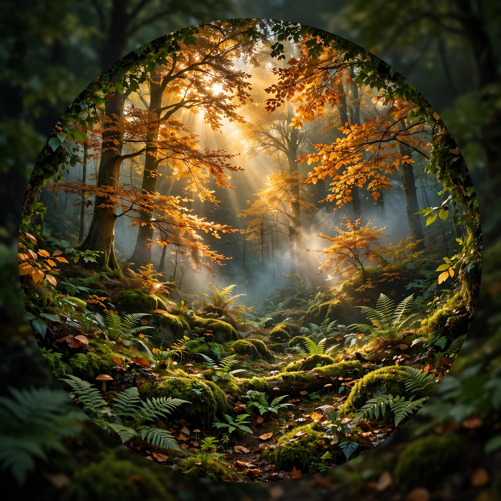 Autumn beech forest in fog with sunbeams