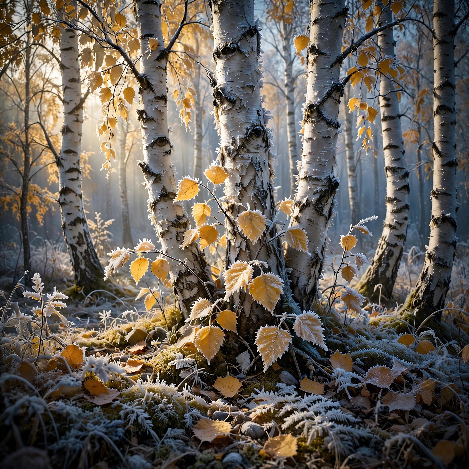 Birch forest with first frost on golden autumn leaves in morning light, nature DP