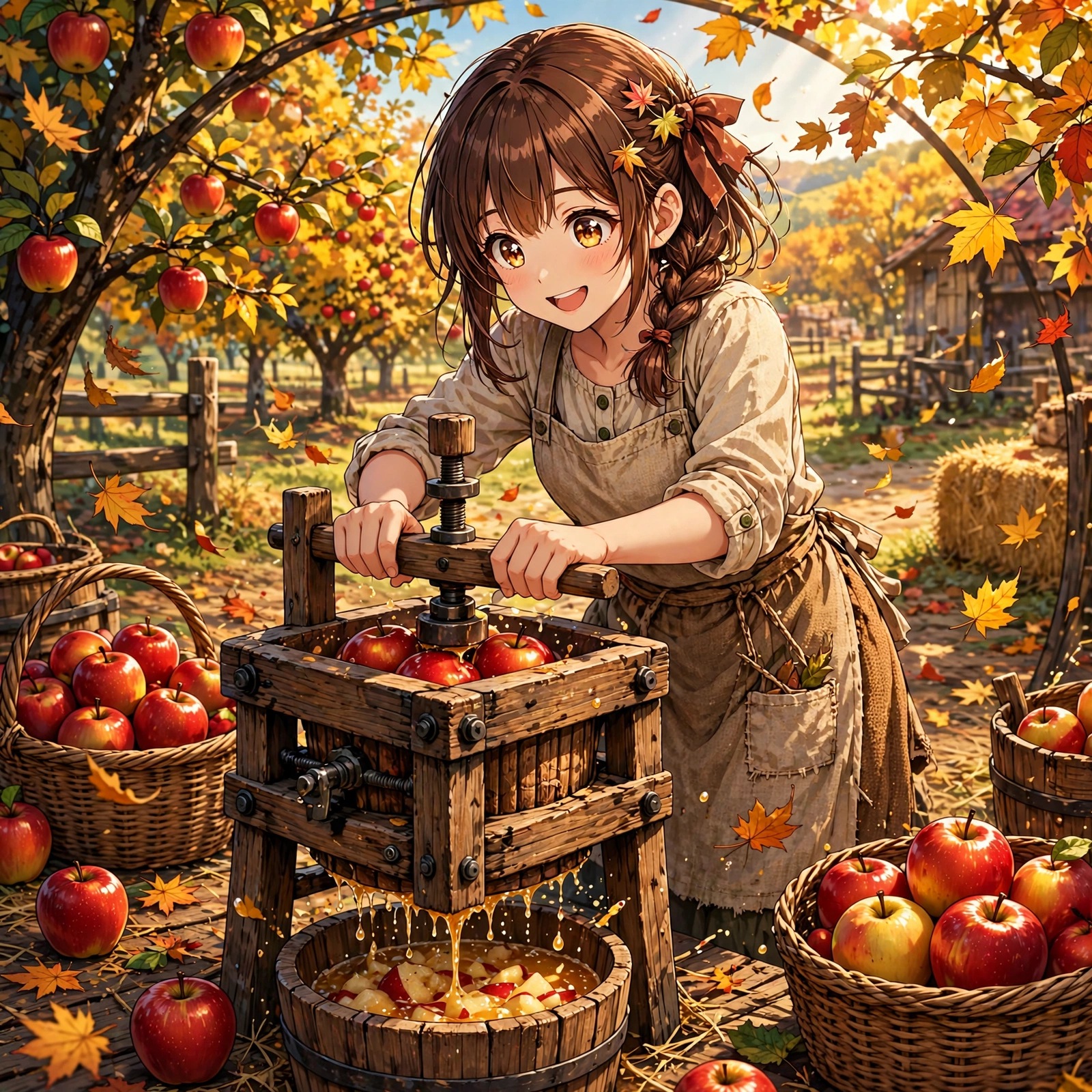Smiling girl pressing red apples at a wooden cider press on an autumn farm