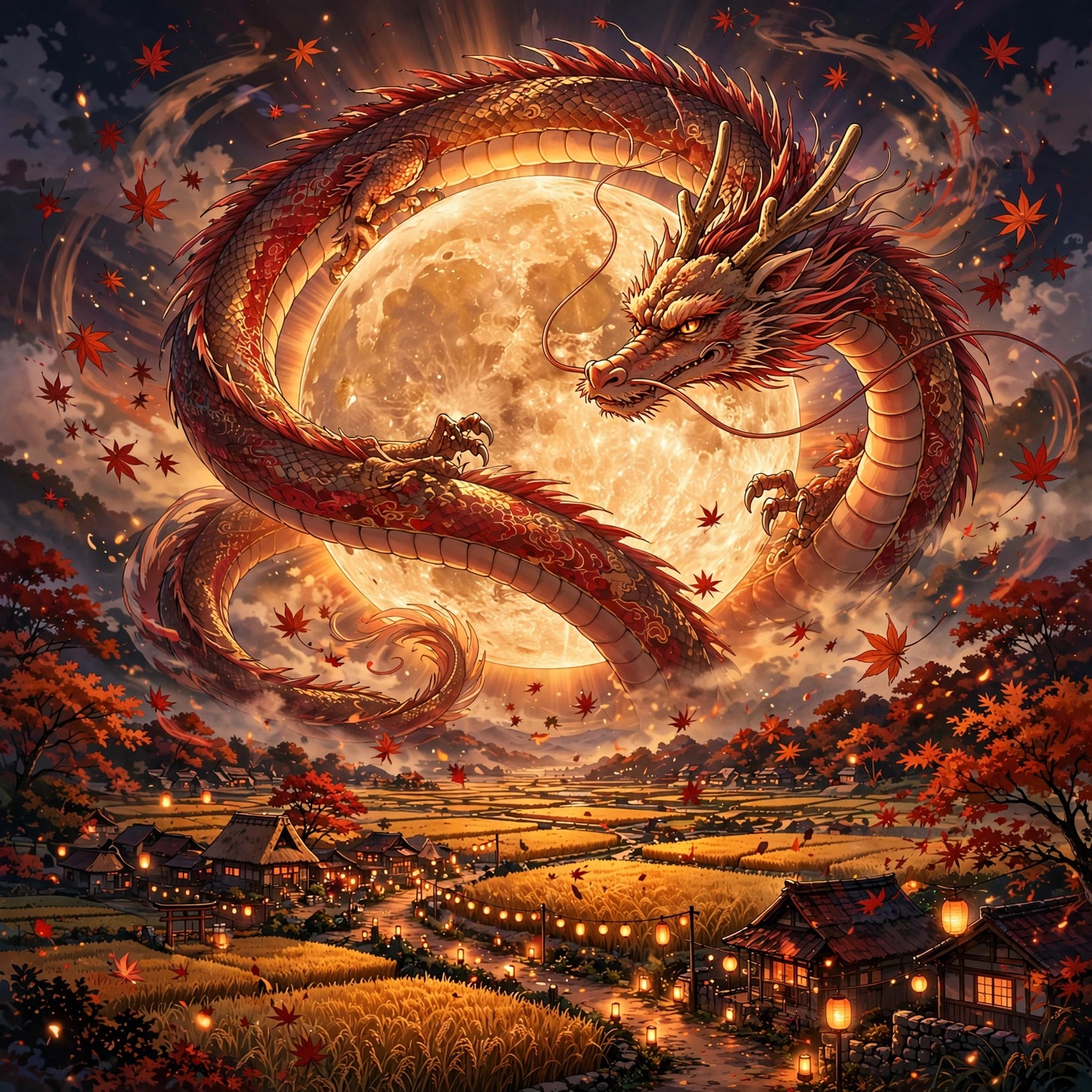 eastern dragon around harvest moon autumn fields anime dp