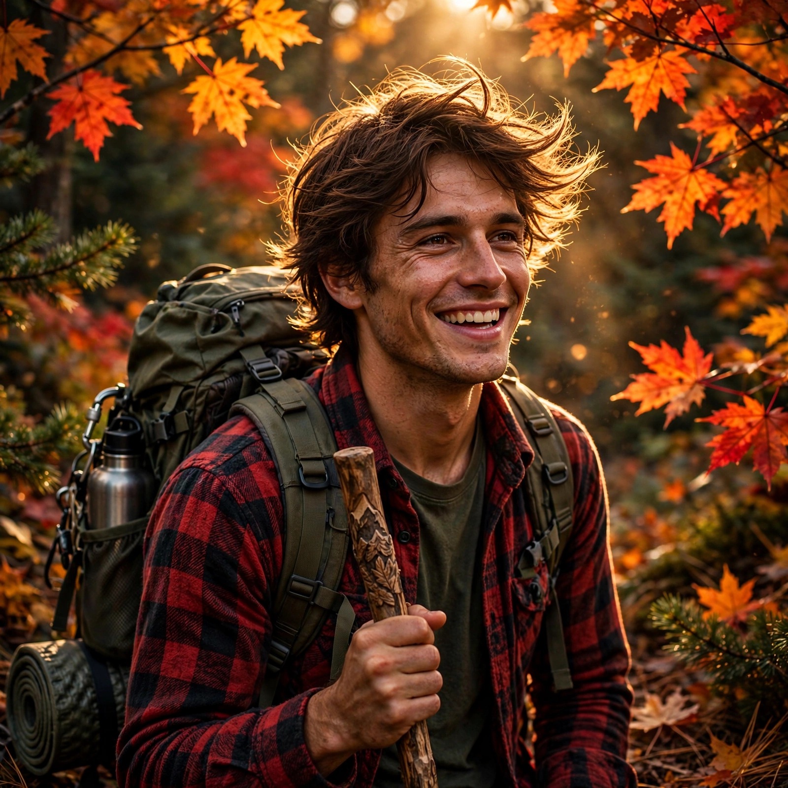 happy hiker with backpack in autumn maple forest