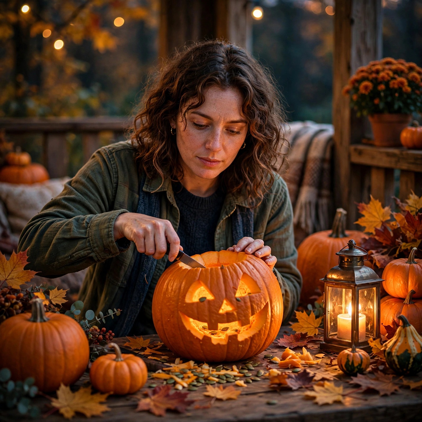 Autumn Pumpkin Carver on the Porch