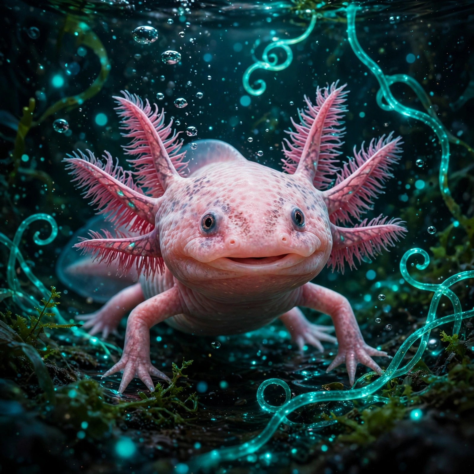Smiling pink axolotl in a glowing bioluminescent pond with teal algae