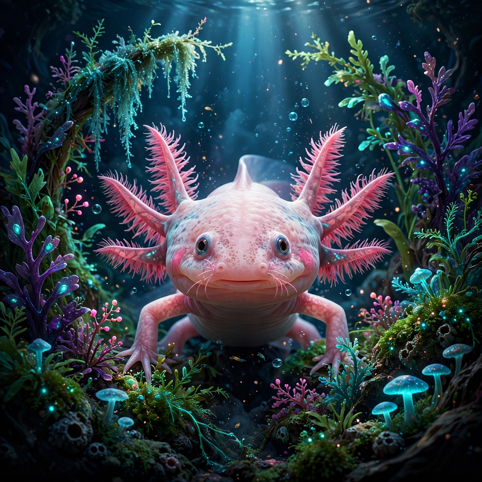 Pink axolotl among glowing aquatic plants and bioluminescent mushrooms underwater