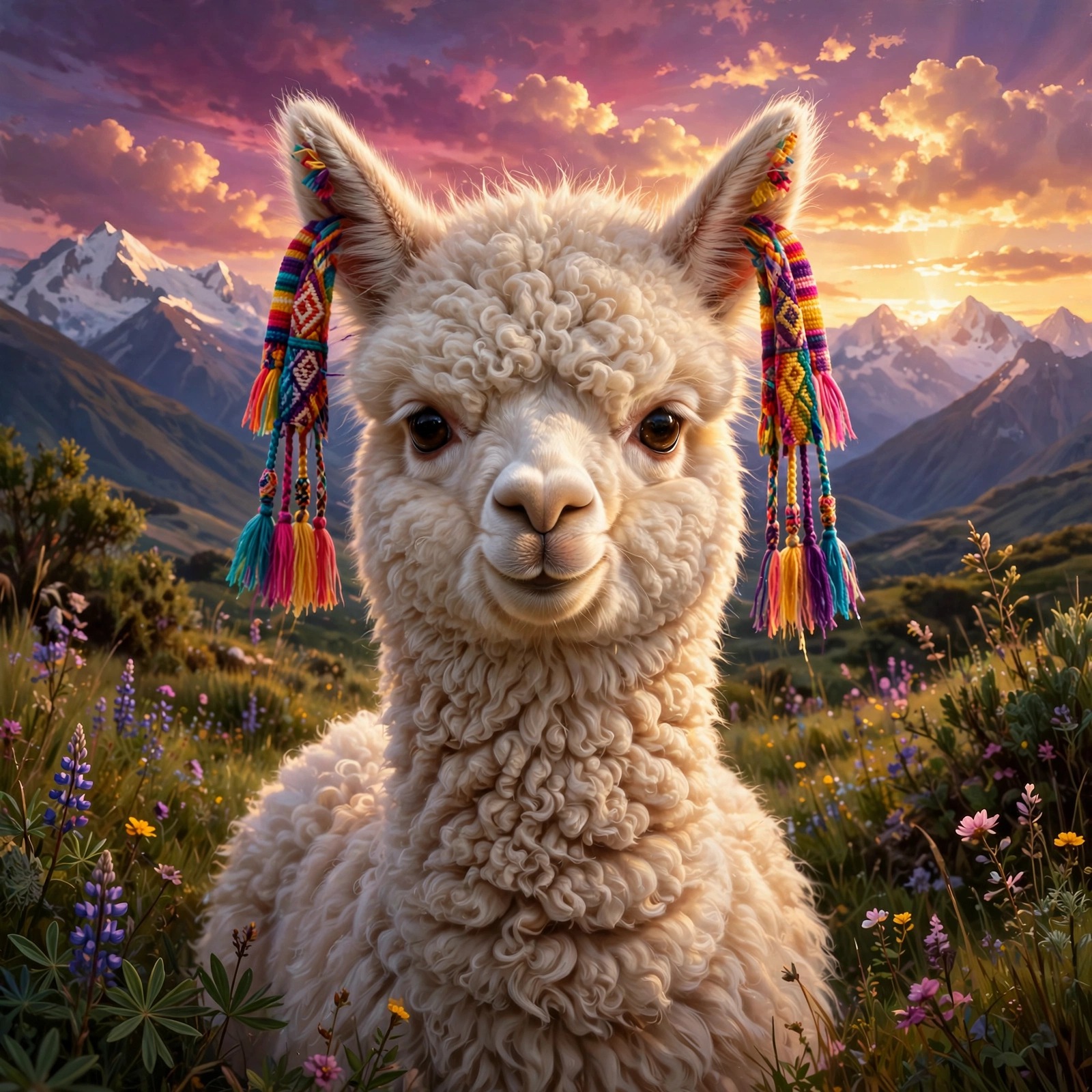 fluffy baby alpaca with colorful woven ear tassels in the Andes
