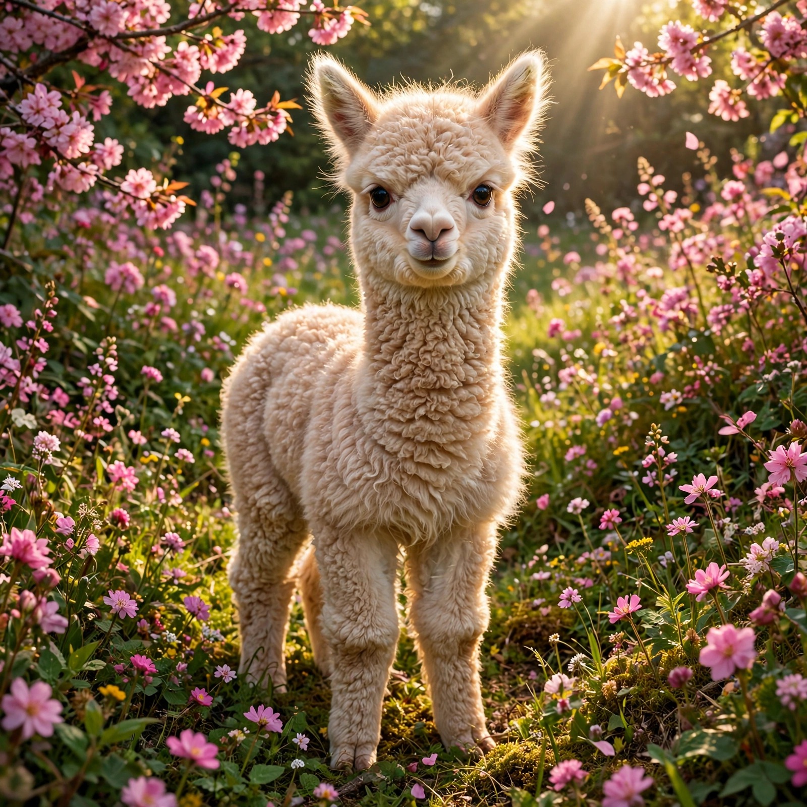 Baby Alpaca Among Pink Blossoms