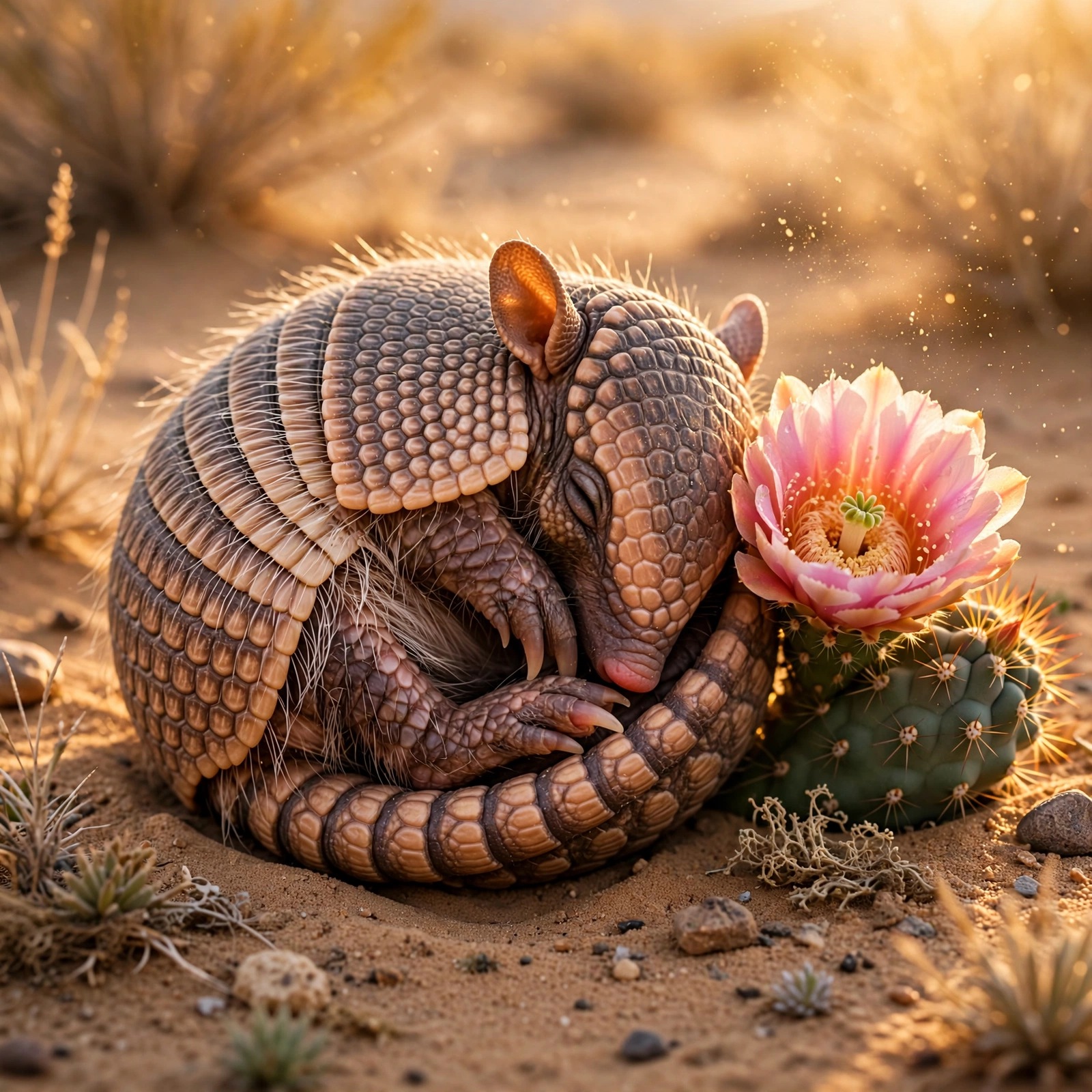 baby armadillo curled beside a blooming desert cactus flower cute dp