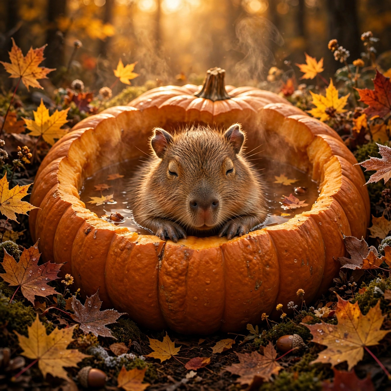 Sleepy baby capybara in a steaming pumpkin bath with autumn leaves, cute animal DP