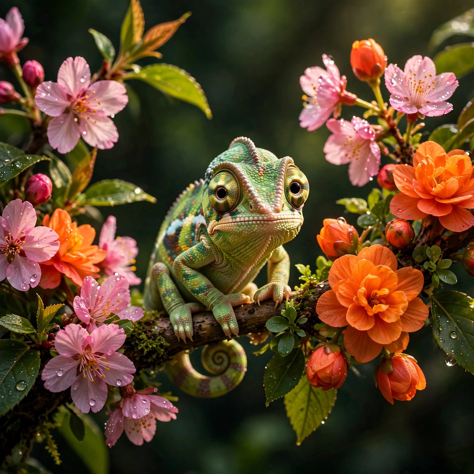 baby chameleon perched on a colorful flower branch cute dp