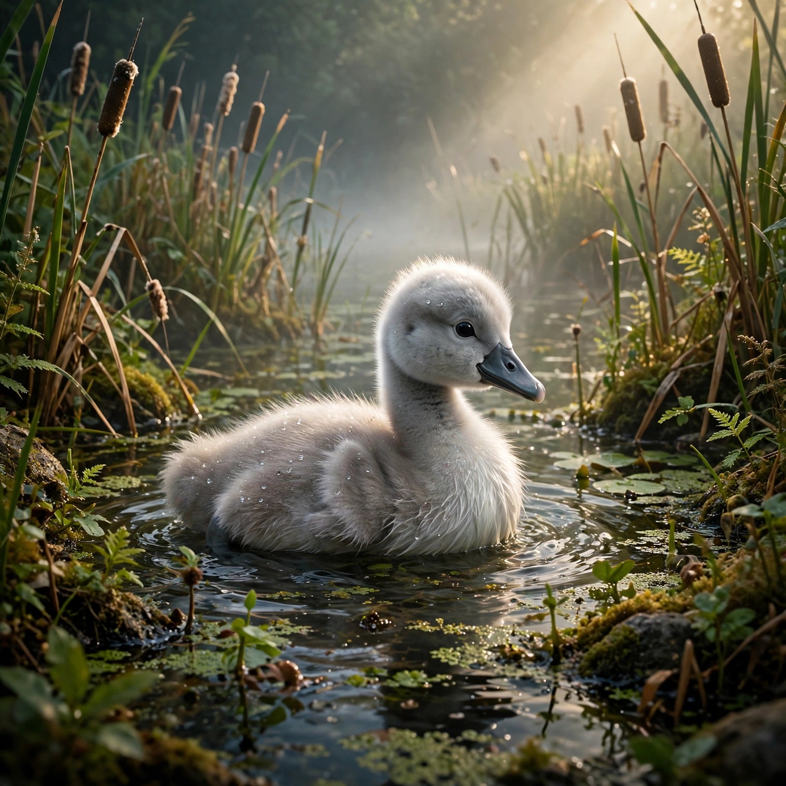 Fluffy Cygnet on Misty Morning Lake