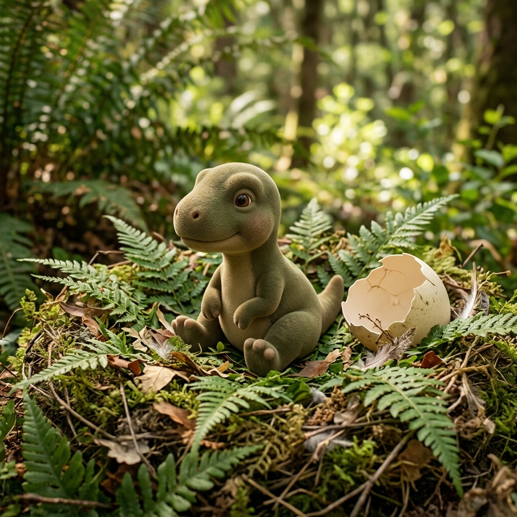 An original gentle soft 3D baby dinosaur sits in a fern nest beside an empty egg shell