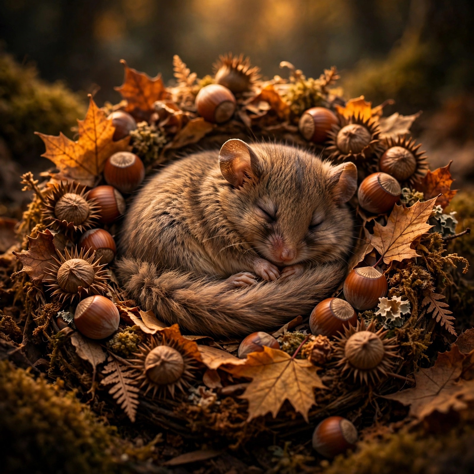 Cute baby dormouse sleeping in a hazelnut and autumn leaf nest