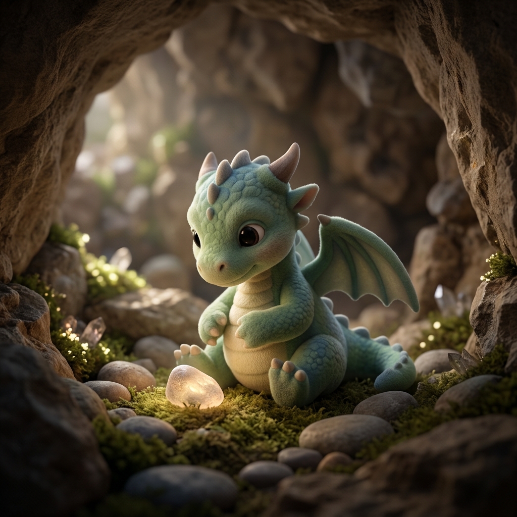 A friendly soft 3D baby dragon studies a softly glowing pebble inside a cozy cave