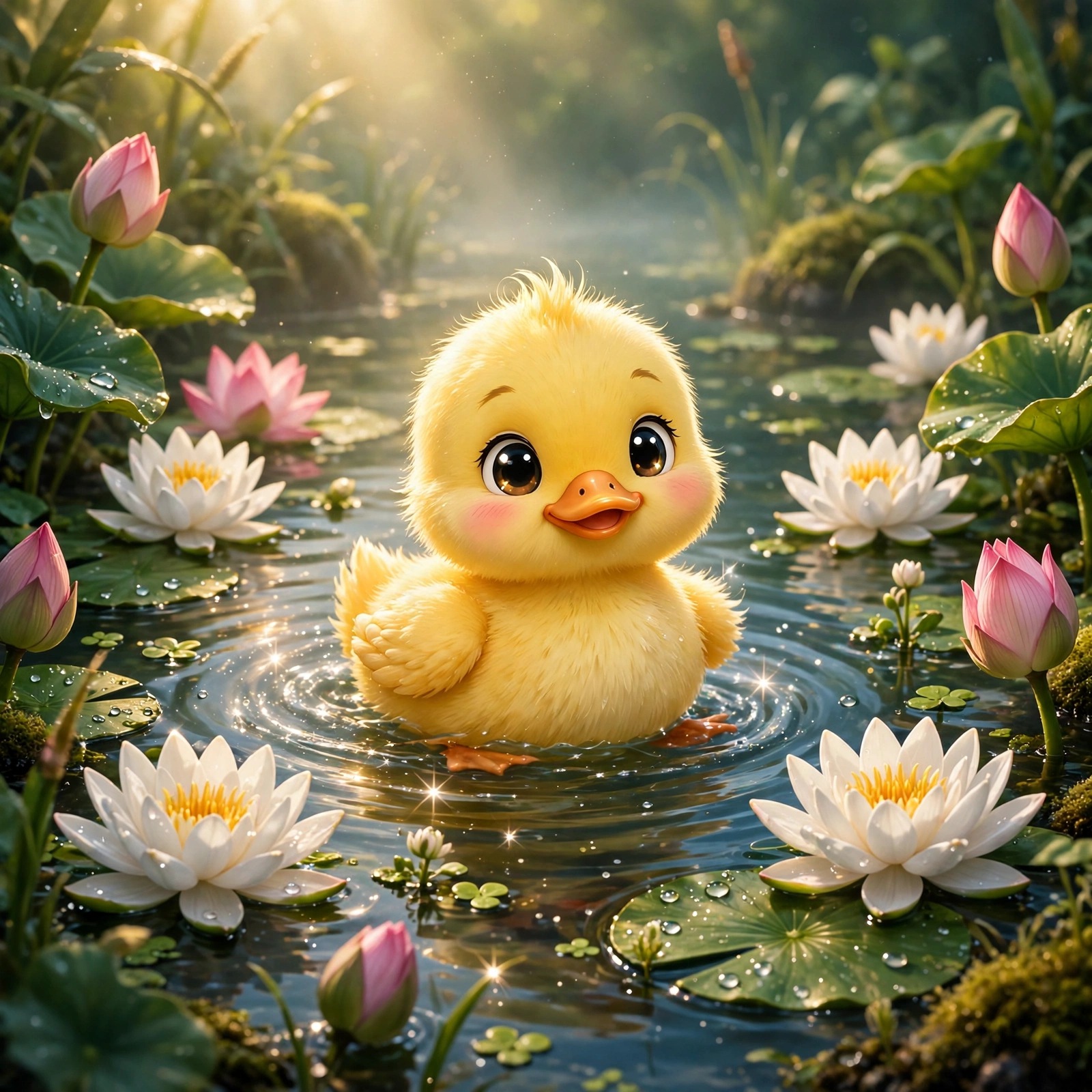 Baby Duckling on a Lily Pond