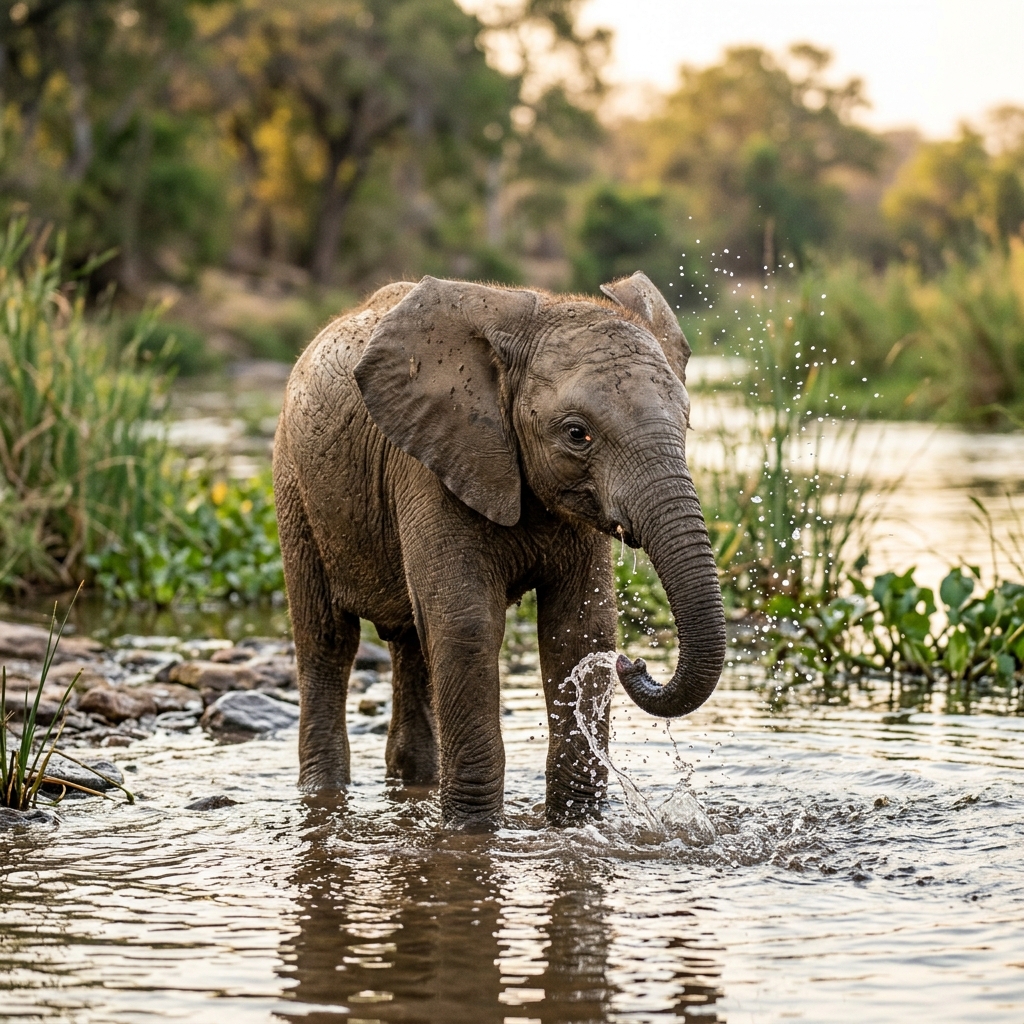 A young elephant splashes the tip of its trunk in shallow water
