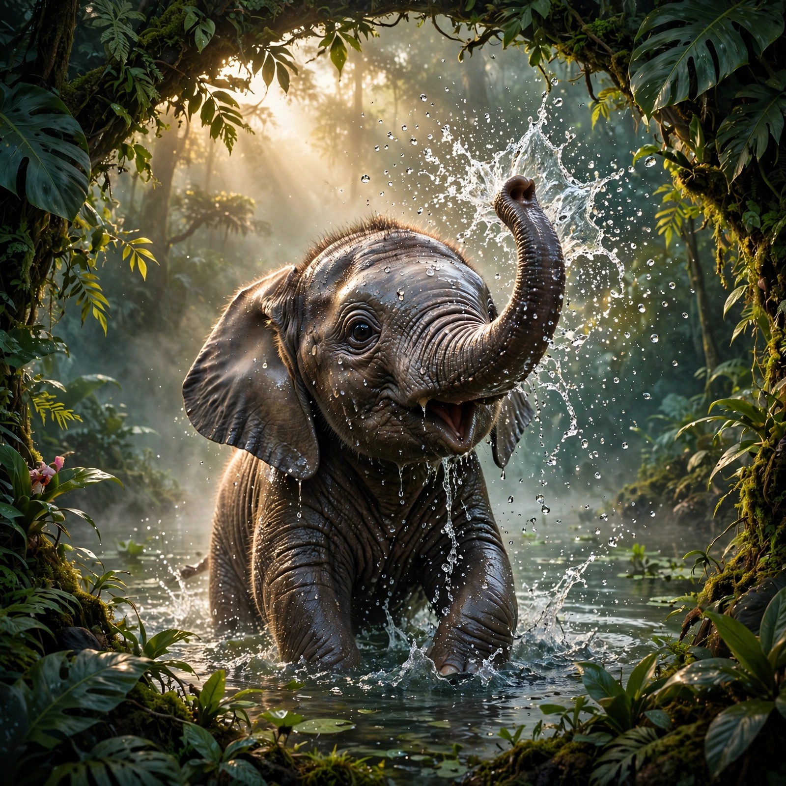 Baby elephant playfully splashing water with its trunk at a misty jungle pond, cute profile DP