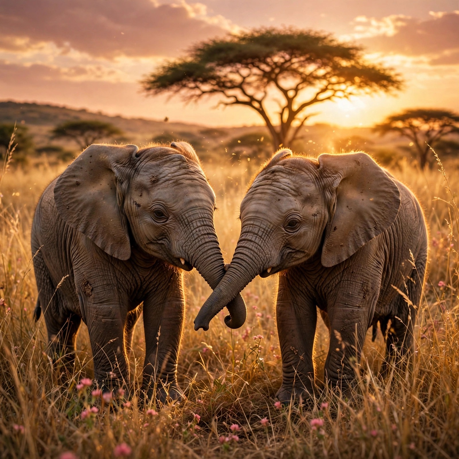 two baby elephants touching trunks in the savanna friendship DP