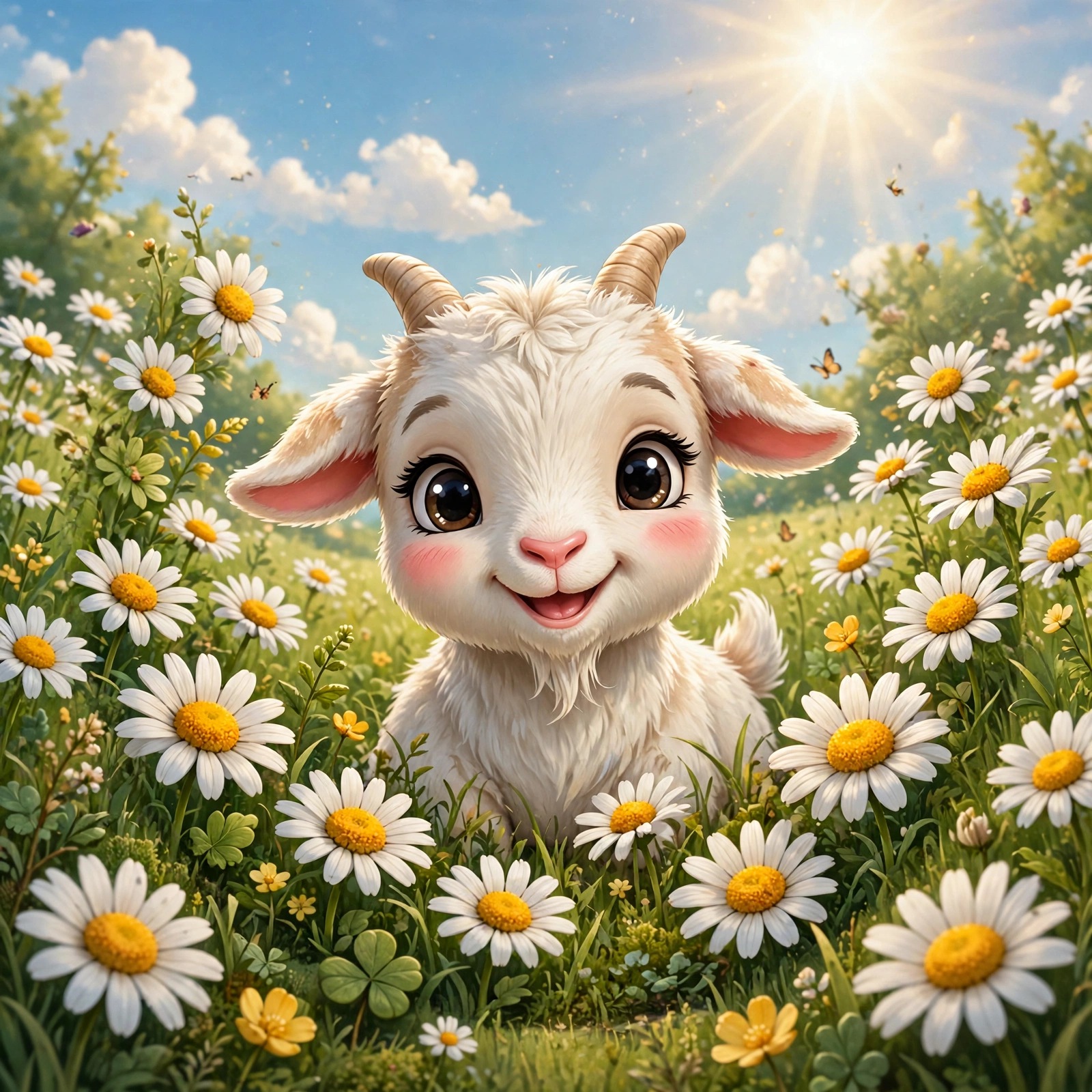 Cute baby goat in a meadow of daisies