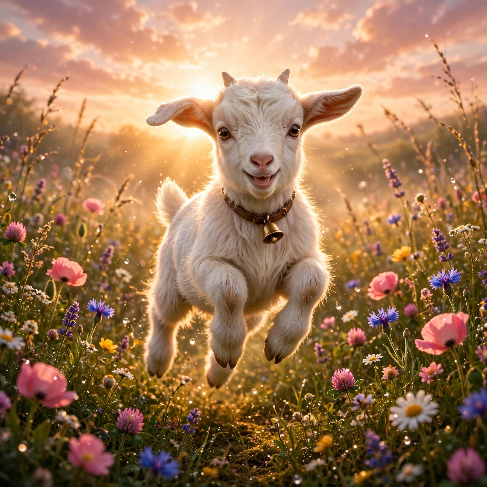 playful baby goat kid with a tiny bell in a wildflower meadow