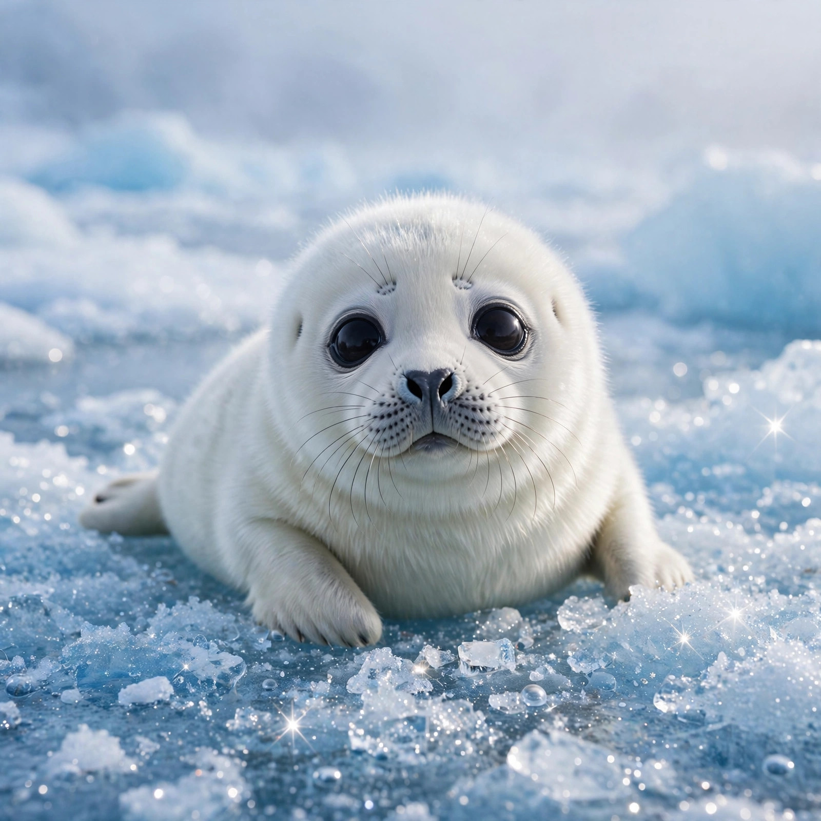 Baby harp seal with big dark eyes resting on sparkling blue ice