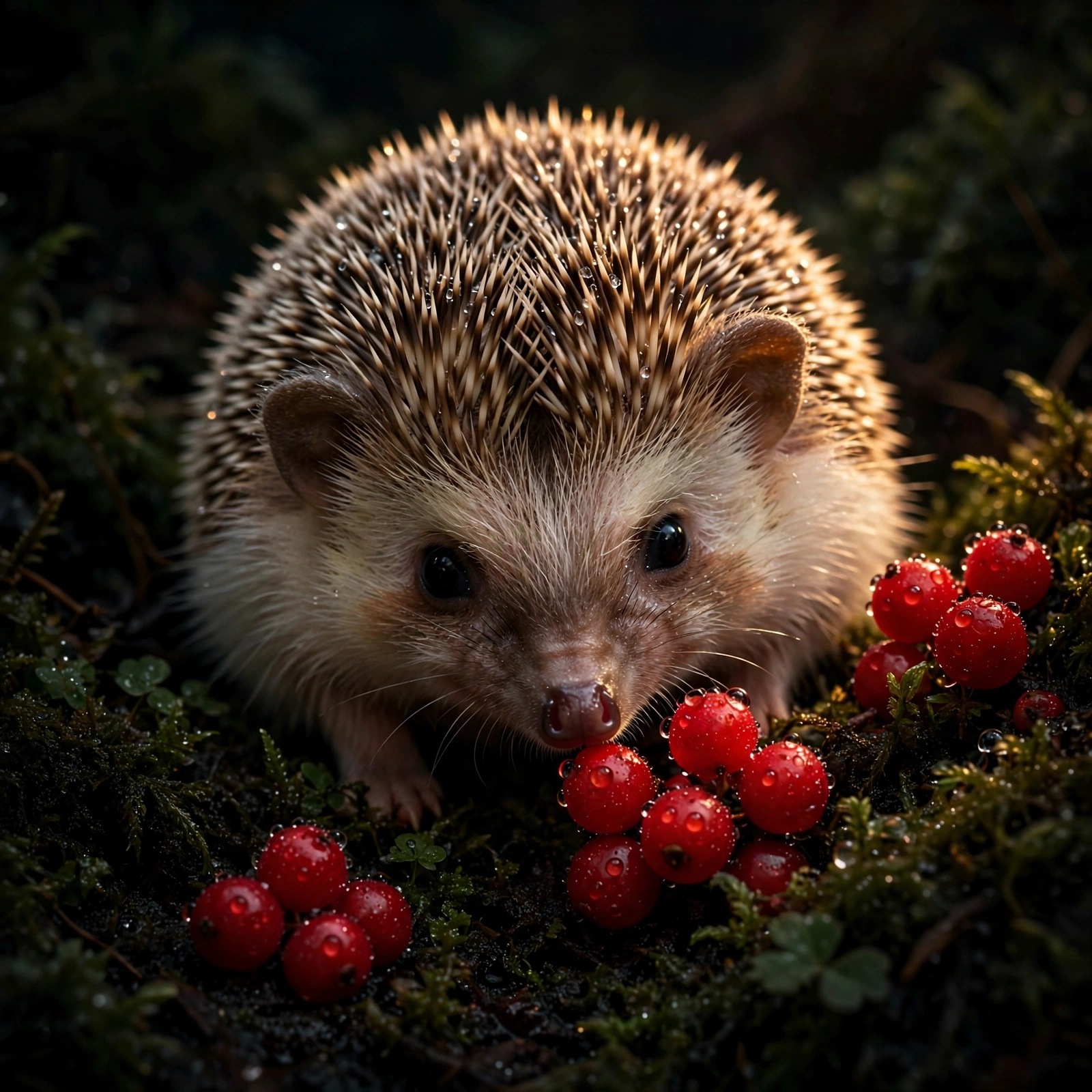 chubby baby hedgehog sniffing red dew-covered berries on moss