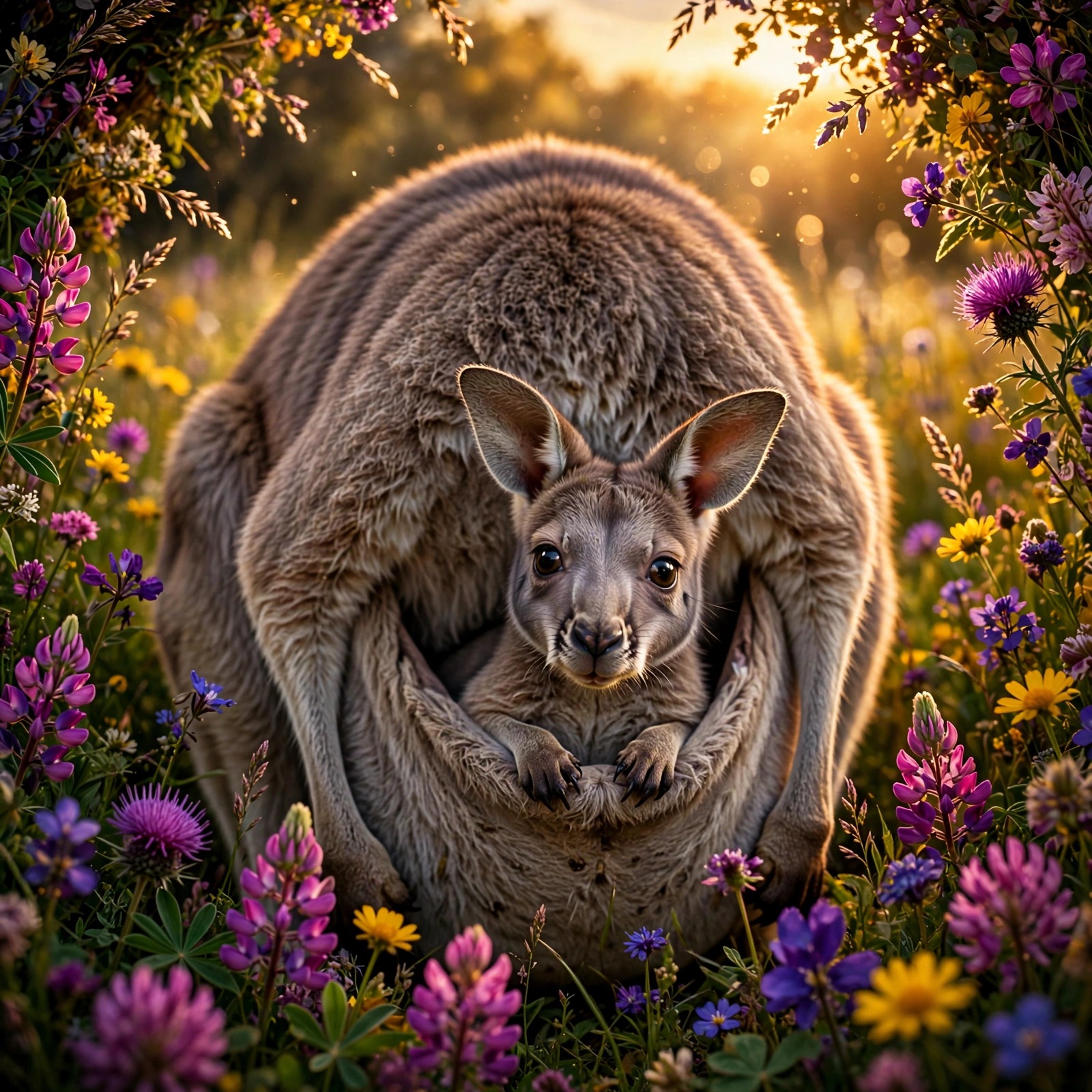 Baby kangaroo joey peeking from its pouch in a colorful wildflower meadow at golden hour, cute animal DP