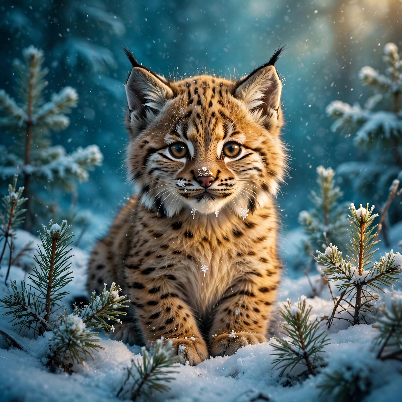fluffy baby lynx kit with spotted golden fur and snowflakes on its nose, sitting among snowy pine saplings in a cool blue winter forest. cute dp