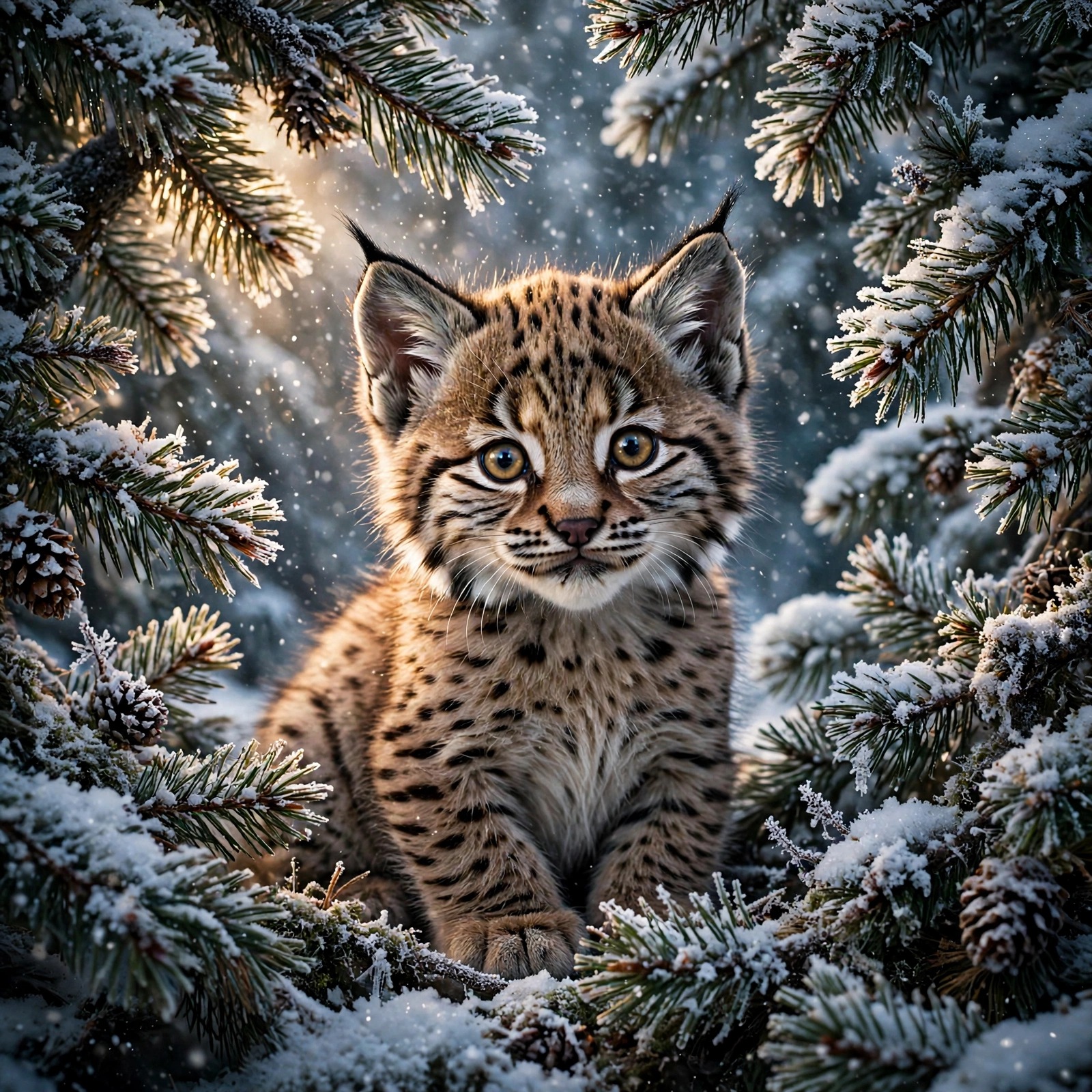Baby Lynx Kitten in Snowy Pines