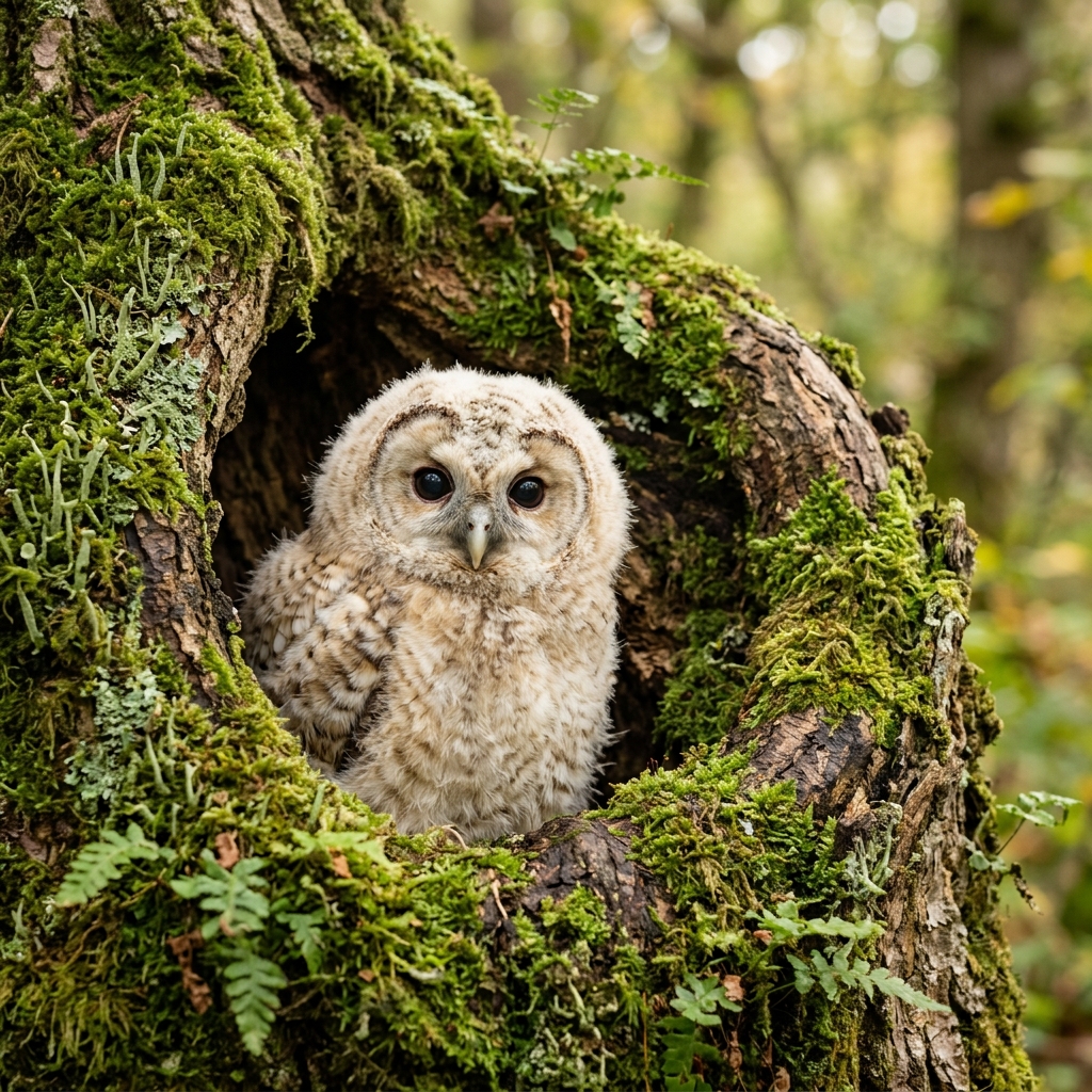 A downy young owl peers from a tree hollow surrounded by moss