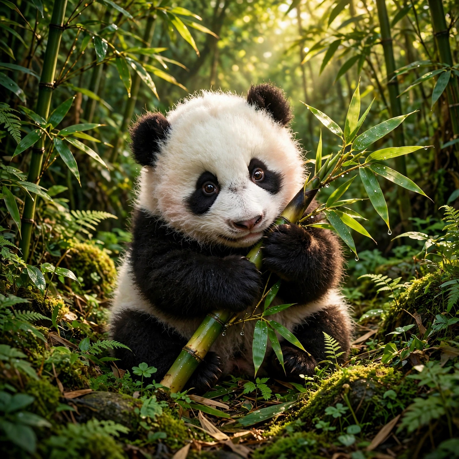 Baby Panda Hugging Bamboo Shoot