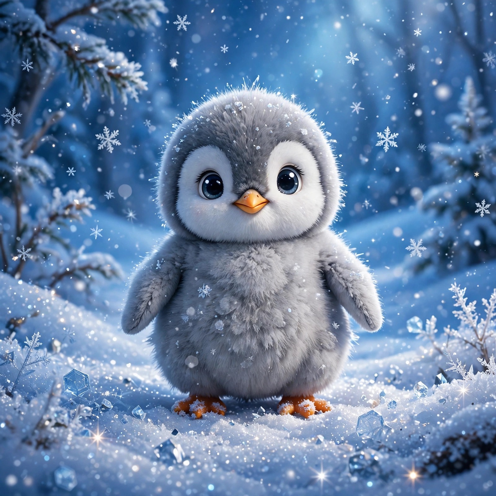 Baby Penguin in Snowflake Drift