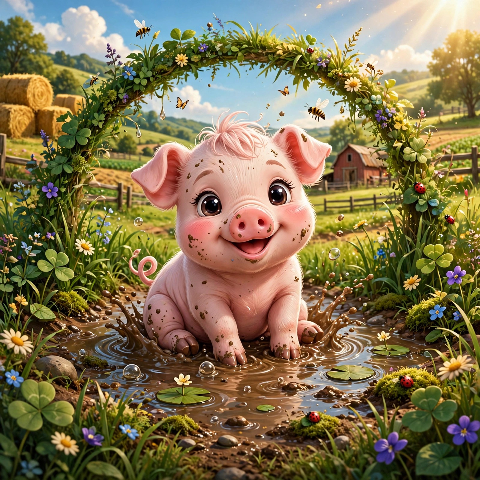 Cute baby piglet splashing in a muddy puddle