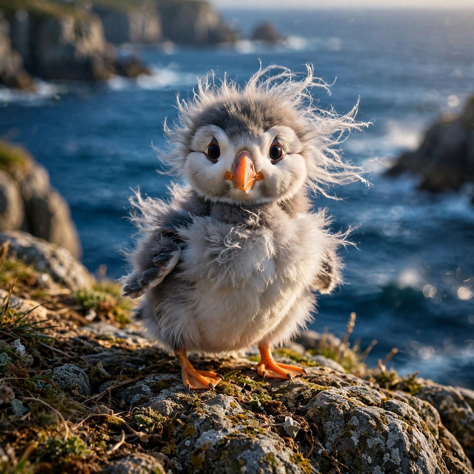 baby puffin standing on a rocky cliff with sea breeze cute dp