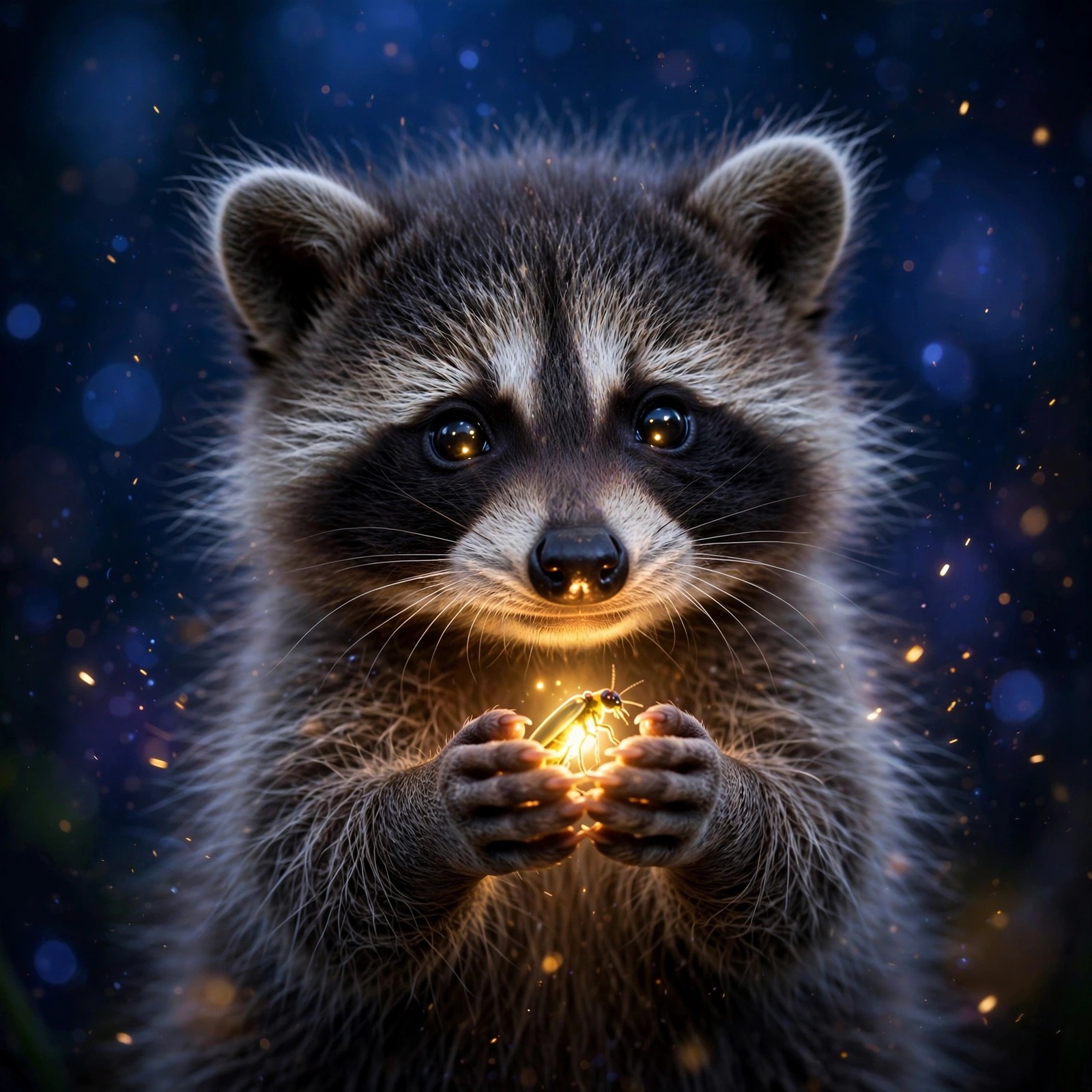 Baby raccoon cupping a glowing firefly in its paws at dusk, twilight bokeh, square animal WhatsApp DP