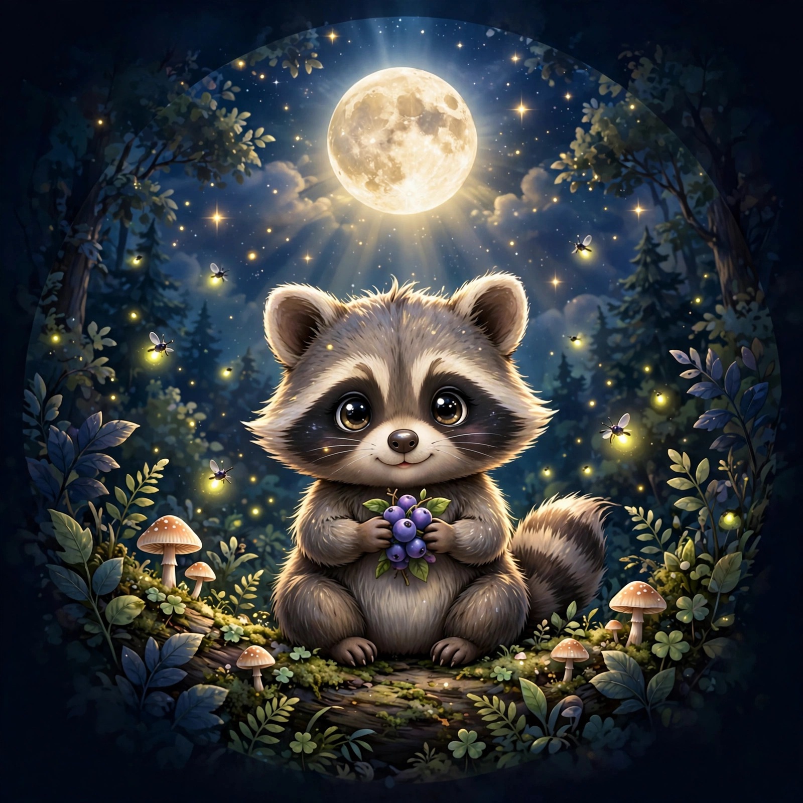 Baby Raccoon in Moonlight Berries