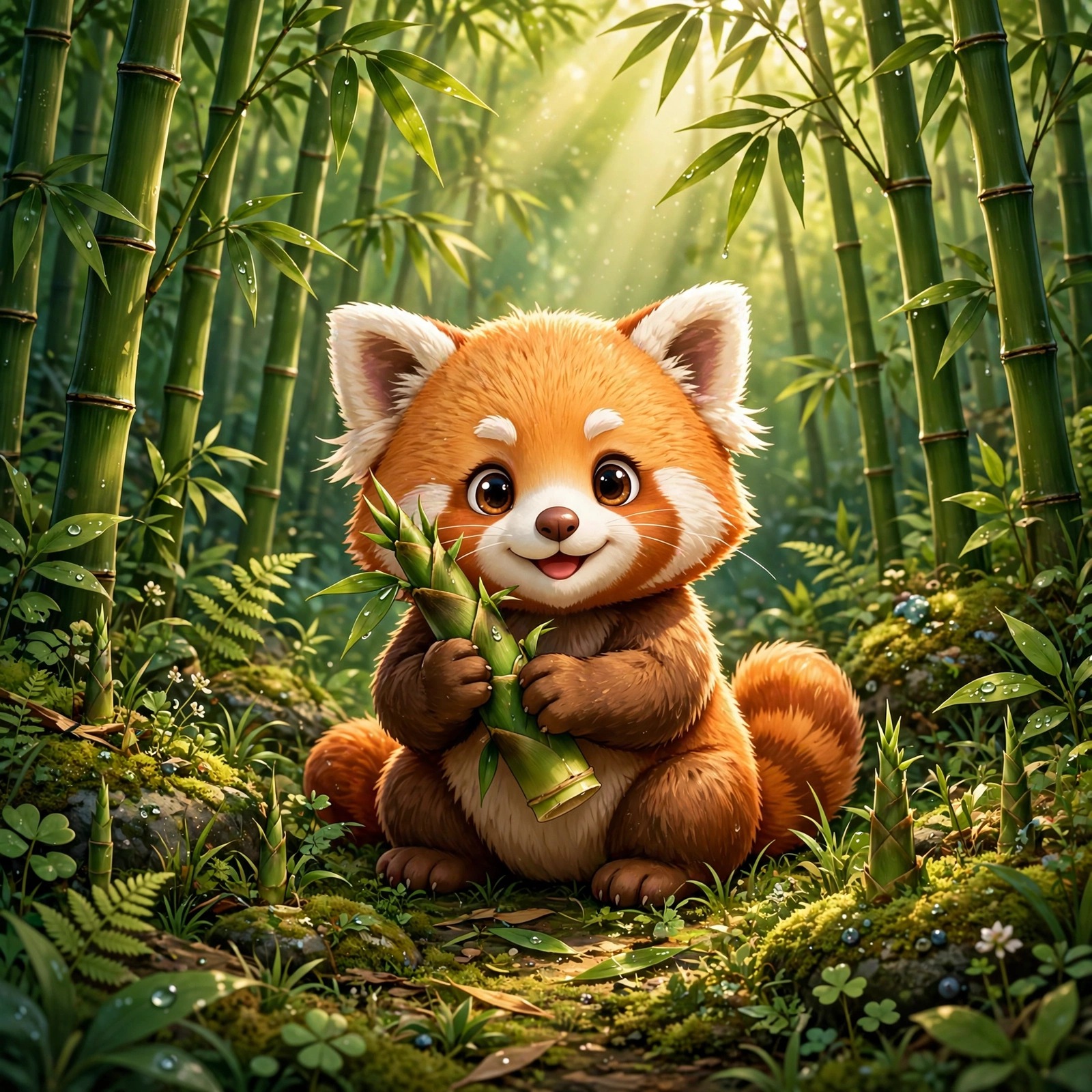 Cute baby red panda holding a bamboo shoot